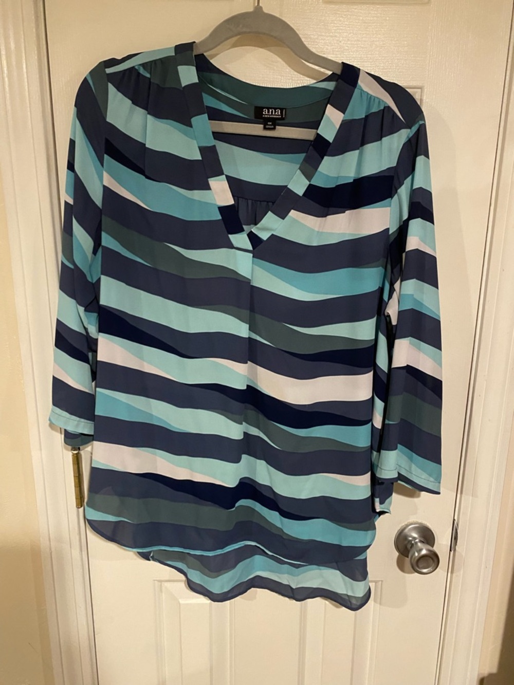 a.n.a Teal, Navy & White Wavy Stripe V-Neck Blouse